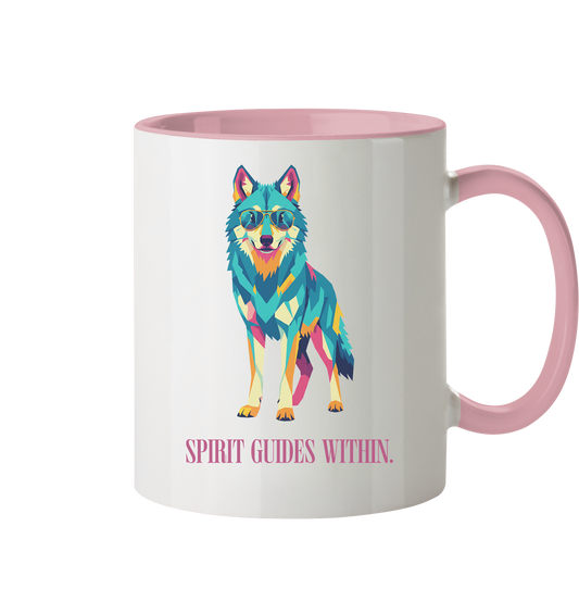  Tasse in Weiß & Altrosa mit Krafttier Wolf Motiv