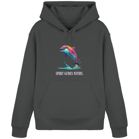 Bio Damen Hoodie in Anthracite mit Krafttier Delphin Geometric Motiv