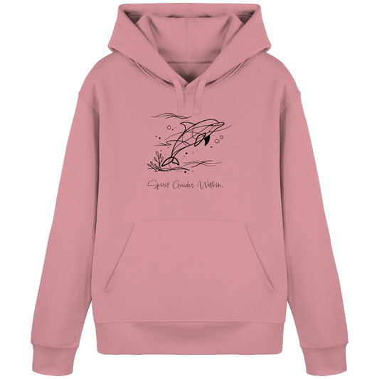 Bio Damen Hoodie in Canyon Pink mit Krafttier Delphin Lineart Motiv