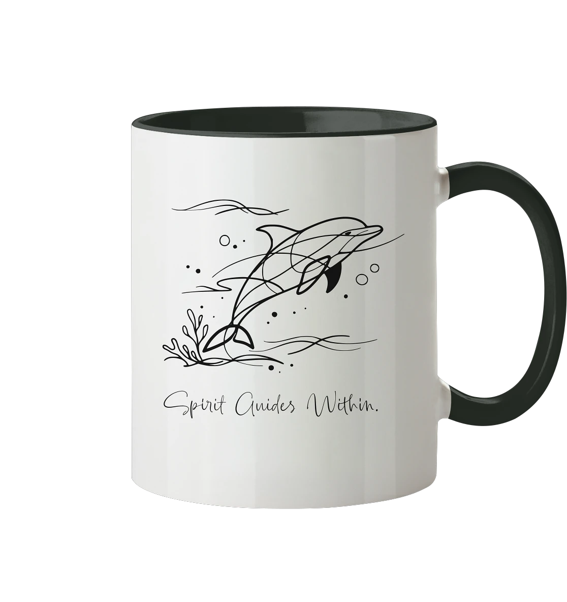 Tasse in Weiß & Schwarz mit Krafttier Delphin Lineart Motiv