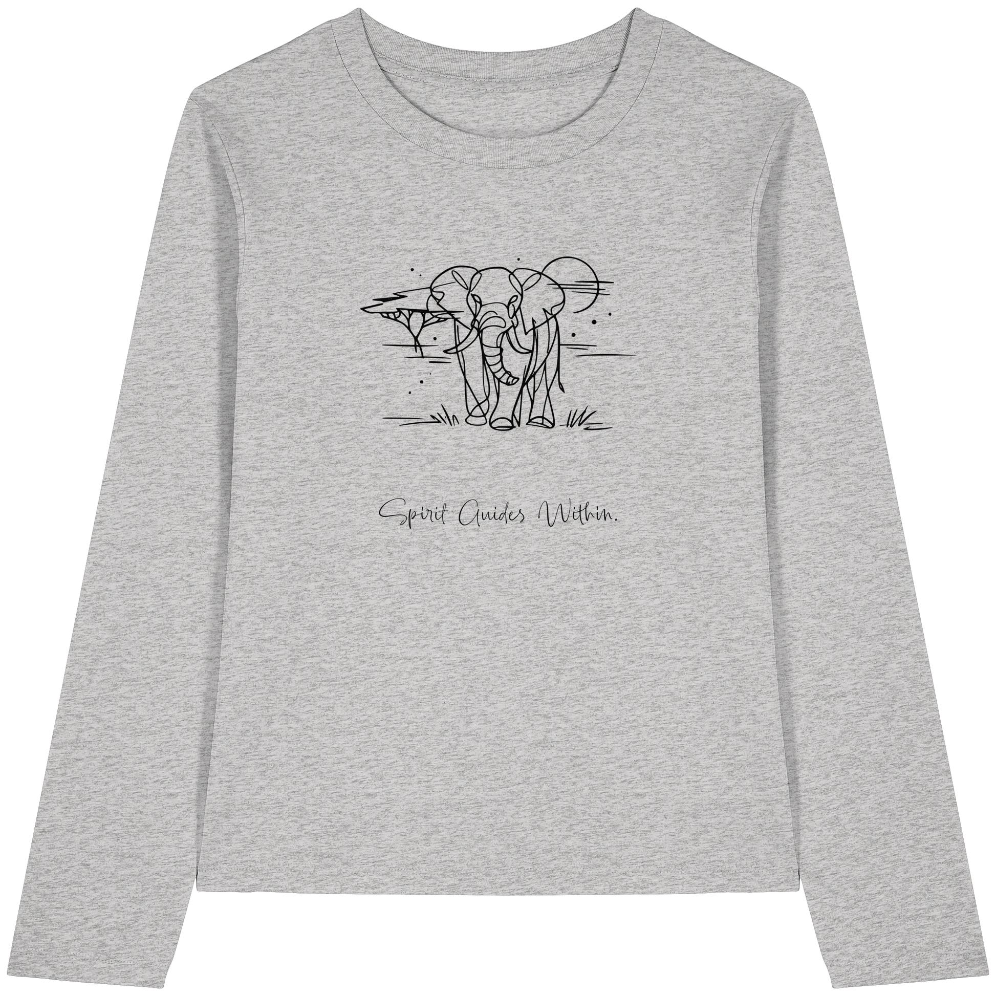 Bio Damen Langarmshirt in Cool Heather Grey mit Krafttier Elefant Lineart Motiv