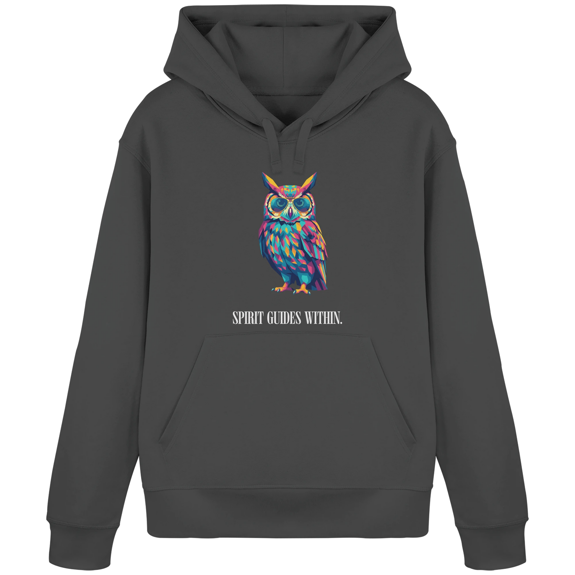 Bio Damen Hoodie in Anthracite mit Krafttier Eule Geometric Motiv