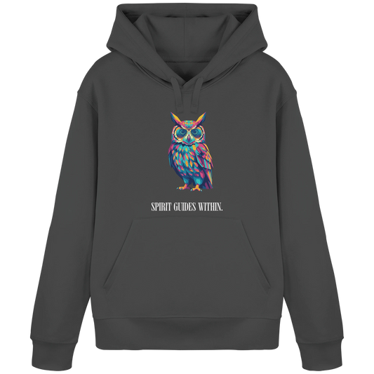 Bio Damen Hoodie in Anthracite mit Krafttier Eule Geometric Motiv