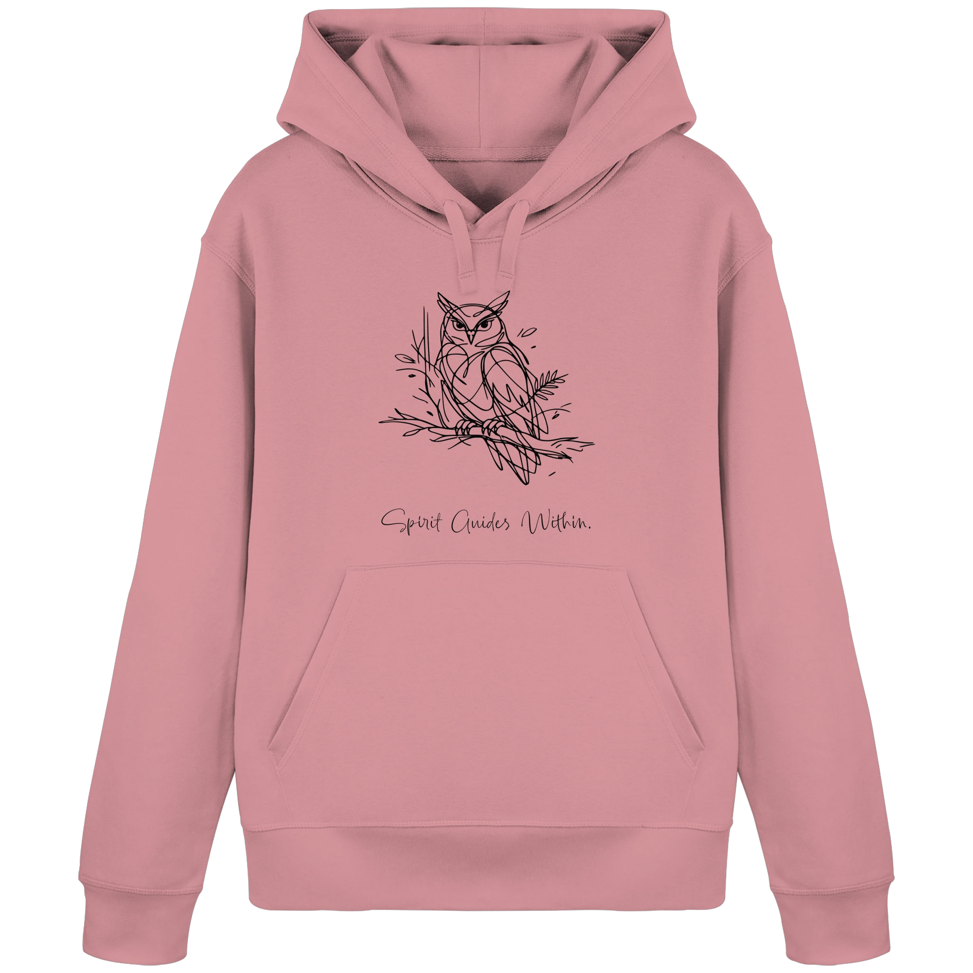 Bio Damen Hoodie in Canyon Pink mit Krafttier Eule Lineart Motiv