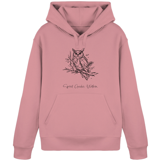 Bio Damen Hoodie in Canyon Pink mit Krafttier Eule Lineart Motiv