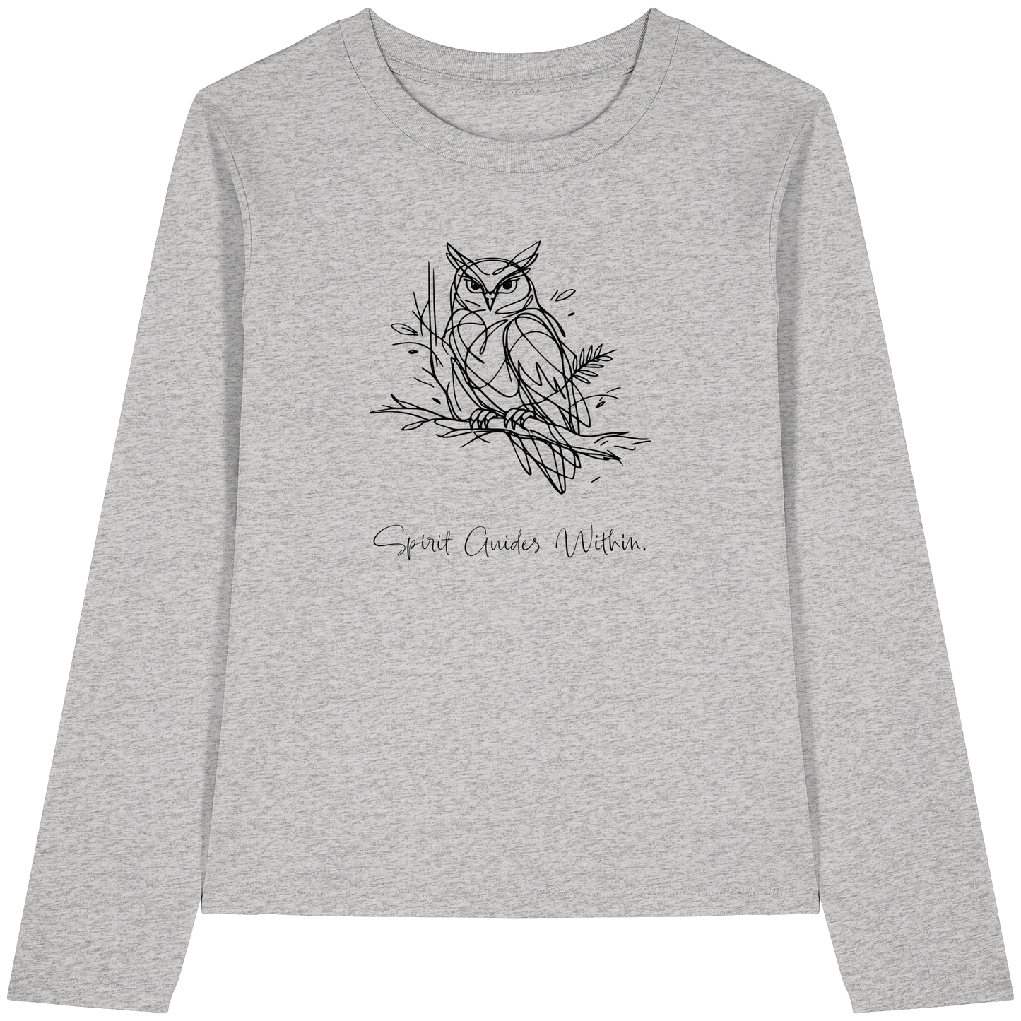 Bio Damen Langarmshirt in Cool Heather Grey mit Krafttier Eule Lineart Motiv