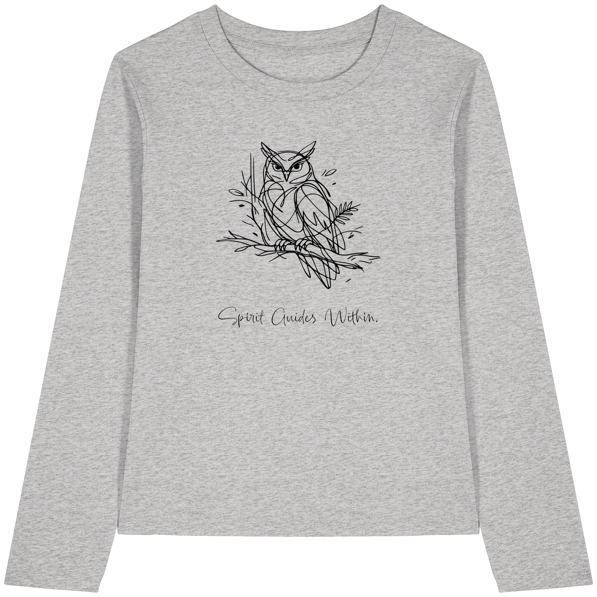 Bio Damen Langarmshirt in Cool Heather Grey mit Krafttier Eule Lineart Motiv