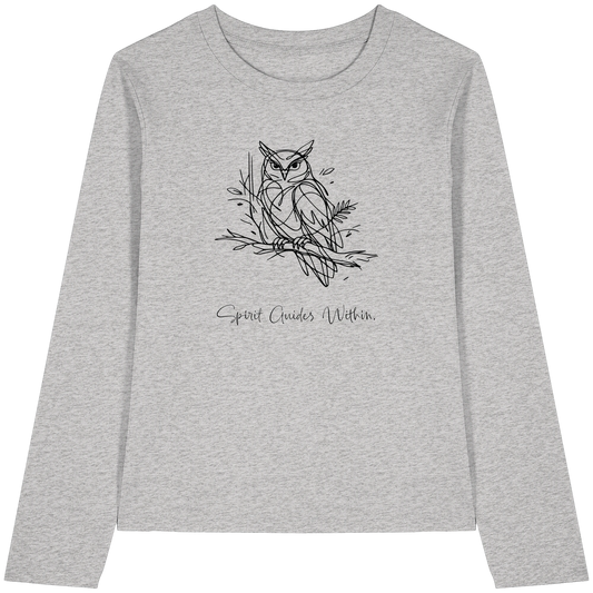 Bio Damen Langarmshirt in Cool Heather Grey mit Krafttier Eule Lineart Motiv