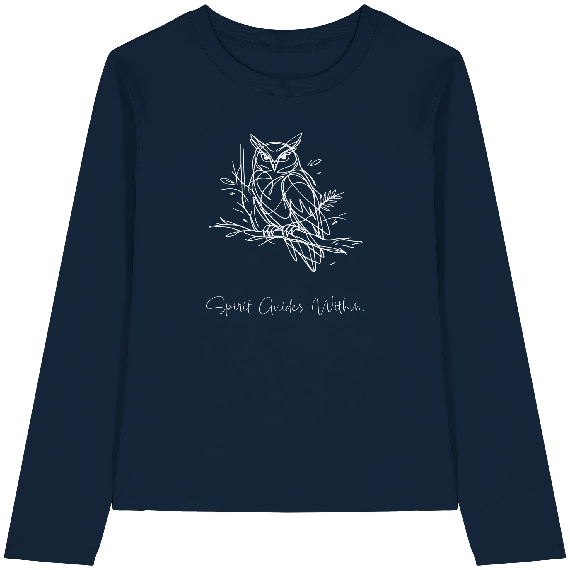 Bio Damen Langarmshirt in Cool Heather Grey mit Krafttier Eule Lineart Motiv