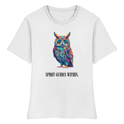 tailliertes Bio Damen Shirt in White mit Krafttier Eule Geometric Motiv