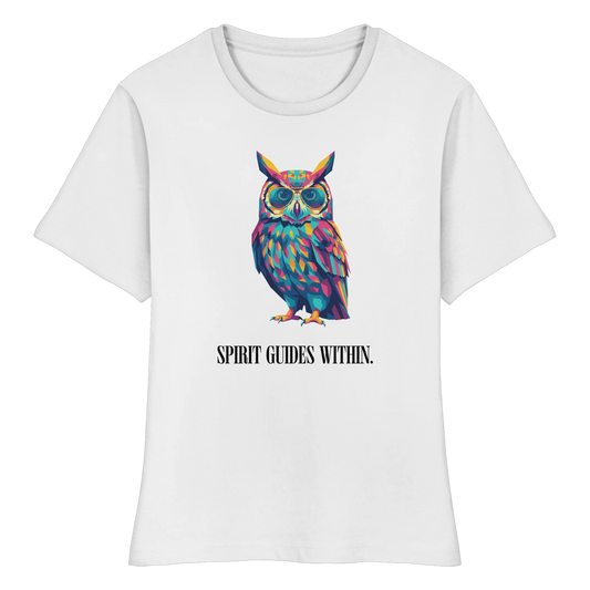 tailliertes Bio Damen Shirt in White mit Krafttier Eule Geometric Motiv