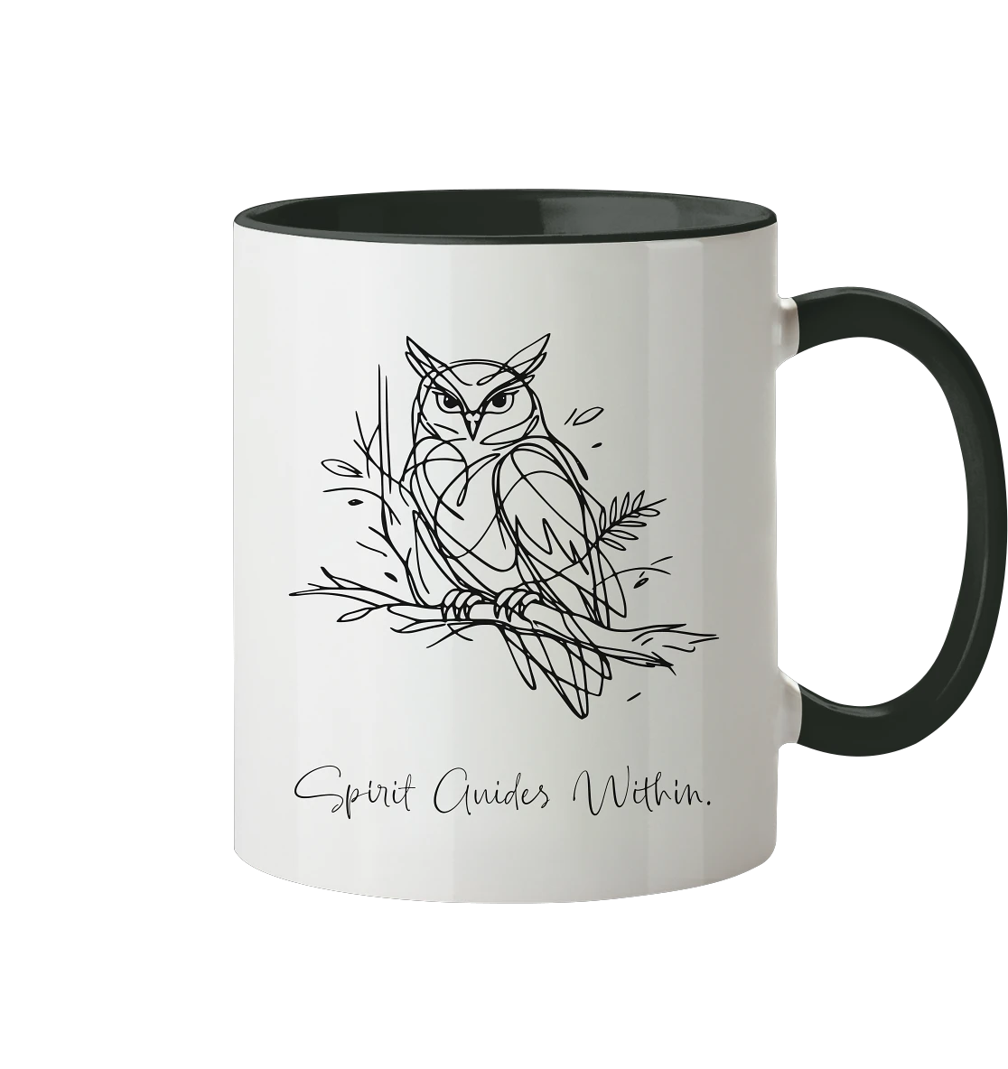  Tasse in Weiß & Schwarz mit Krafttier Eule Lineart Motiv