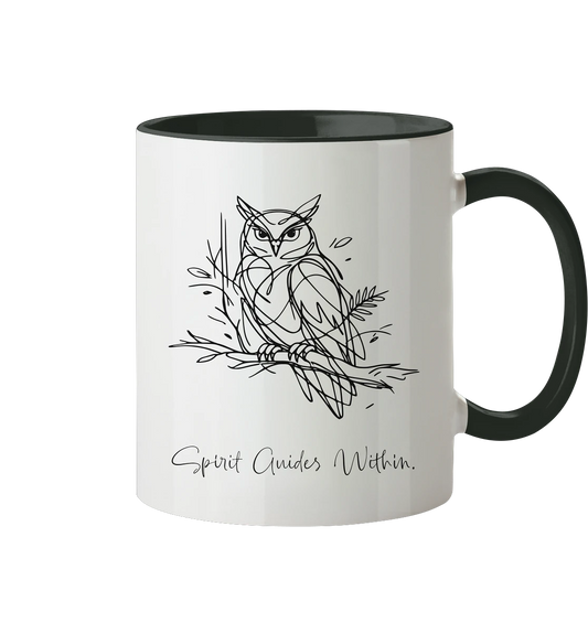  Tasse in Weiß & Schwarz mit Krafttier Eule Lineart Motiv