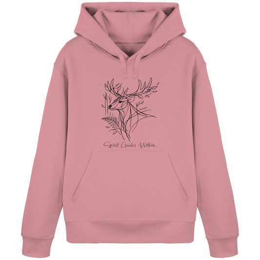 Bio Damen Hoodie in Canyon Pink mit Krafttier Hirsch Lineart Motiv