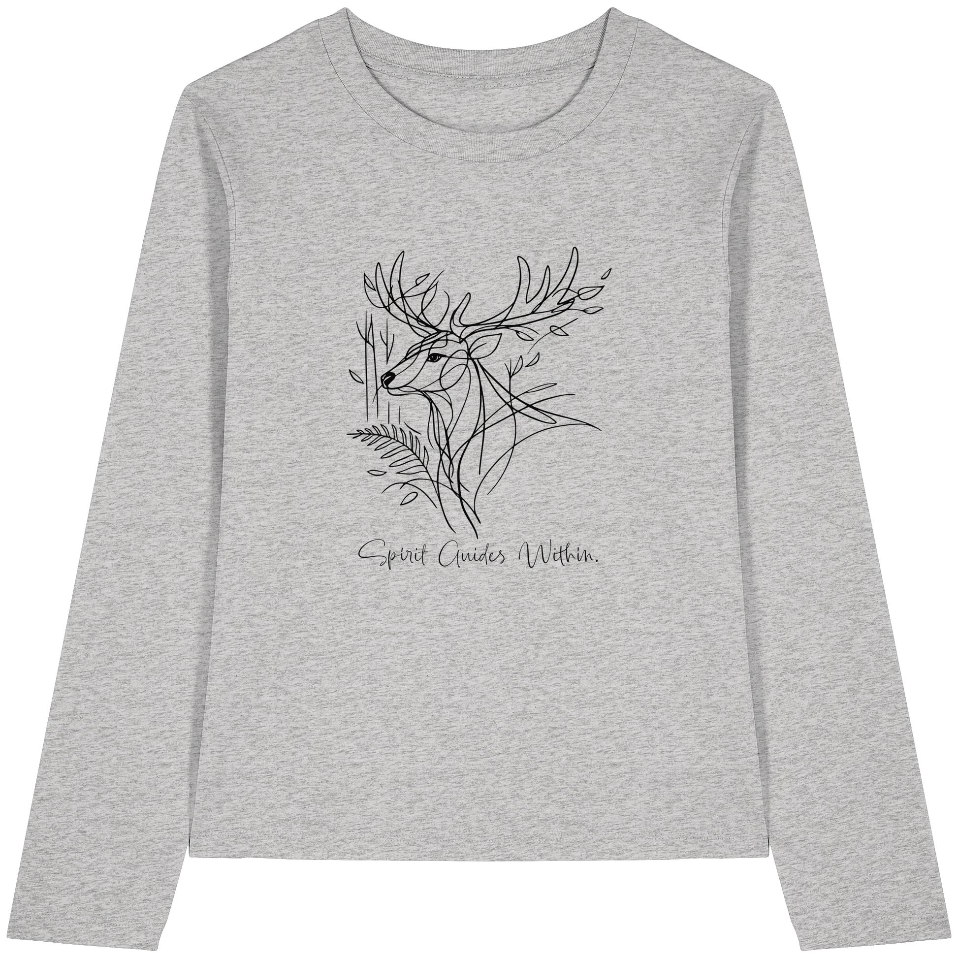 Bio Damen Langarmshirt in Cool Heather Grey mit Krafttier Hirsch Lineart Motiv