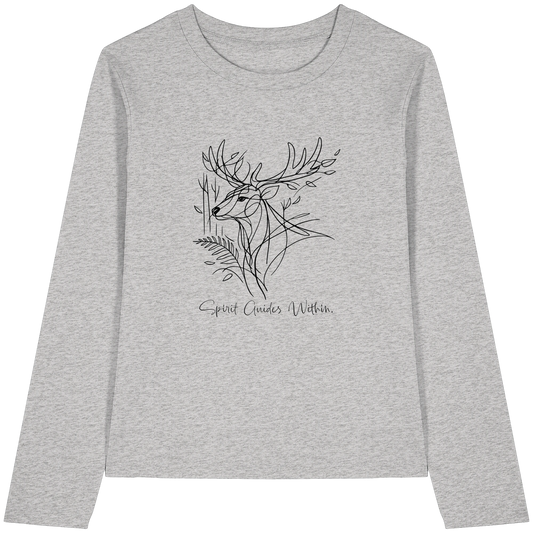 Bio Damen Langarmshirt in Cool Heather Grey mit Krafttier Hirsch Lineart Motiv