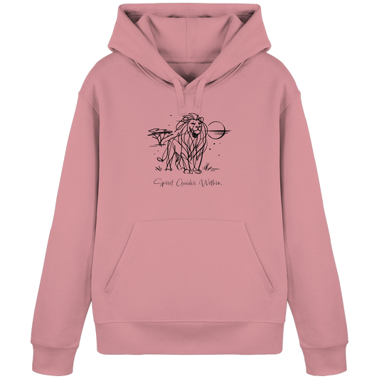Bio Damen Hoodie in Canyon Pink mit Krafttier Löwe Motiv