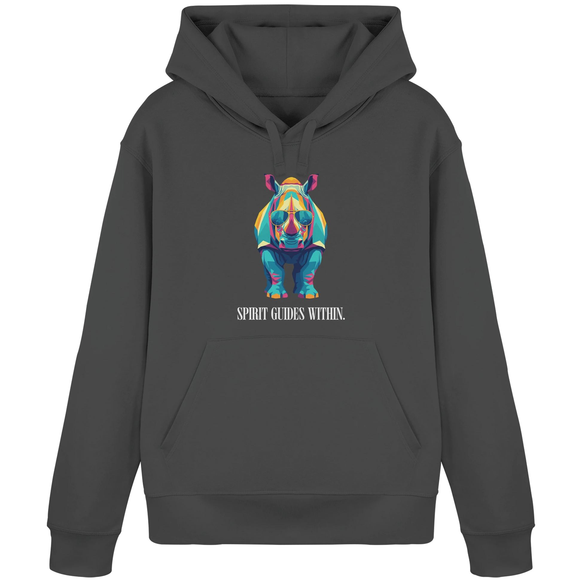 Bio Damen Hoodie in Anthracite mit Krafttier Nashorn Geometric Motiv