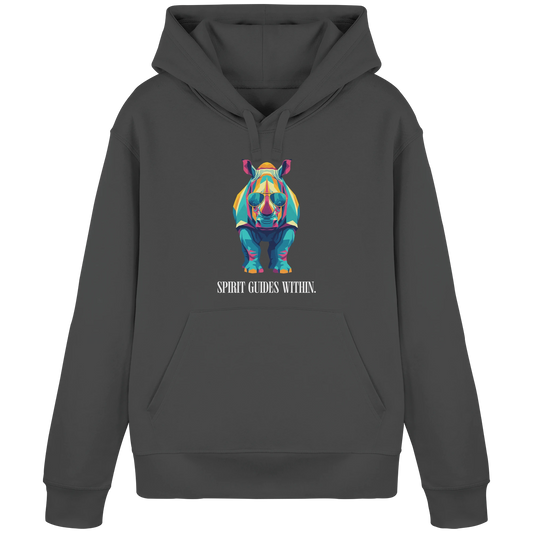Bio Damen Hoodie in Anthracite mit Krafttier Nashorn Geometric Motiv