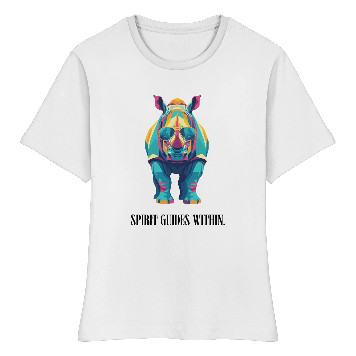 tailliertes Bio Damen Shirt in White mit Krafttier Nashorn Geometric Motiv