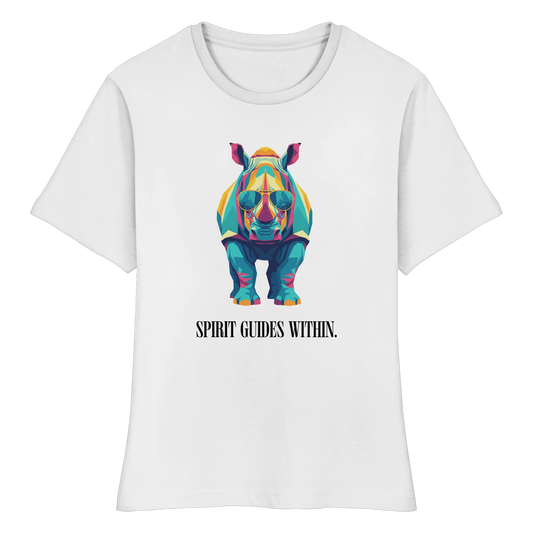 tailliertes Bio Damen Shirt in White mit Krafttier Nashorn Geometric Motiv