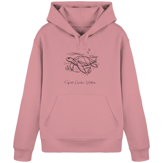 Bio Damen Hoodie in Canyon Pink mit Krafttier Schildkröte Lineart Motiv