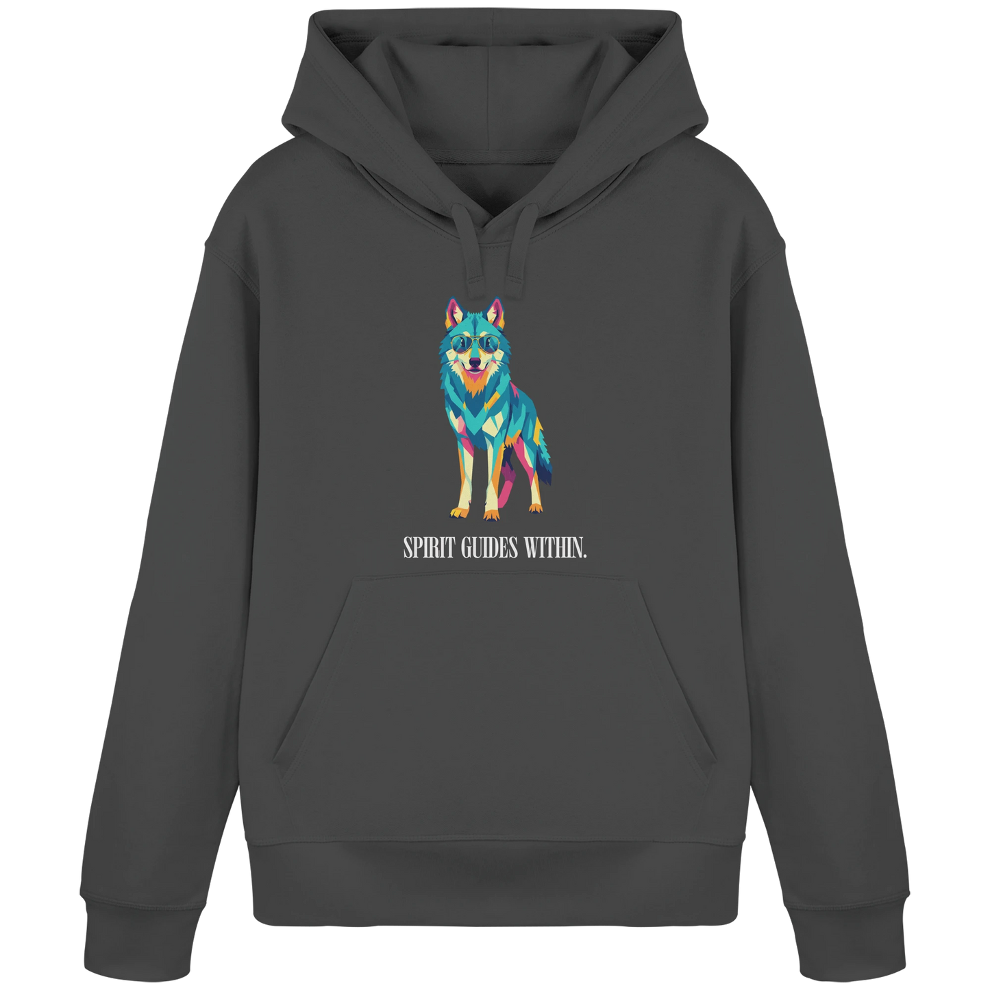 Bio Damen Hoodie in Anthracite mit Krafttier Wolf Motiv