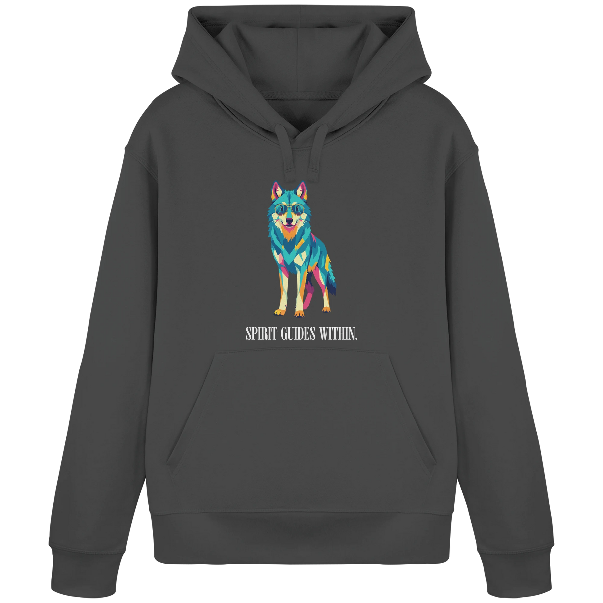 Bio Damen Hoodie in Anthracite mit Krafttier Wolf Motiv