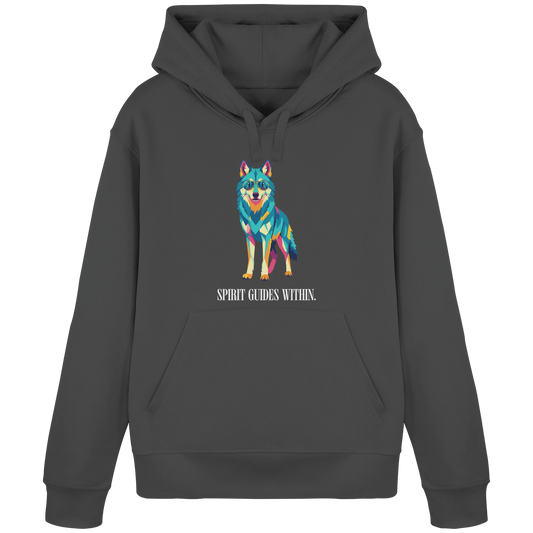 Bio Damen Hoodie in Anthracite mit Krafttier Wolf Motiv