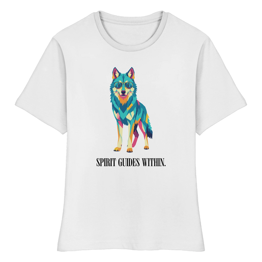 tailliertes Bio Damen Shirt in White mit Krafttier Wolf Motiv