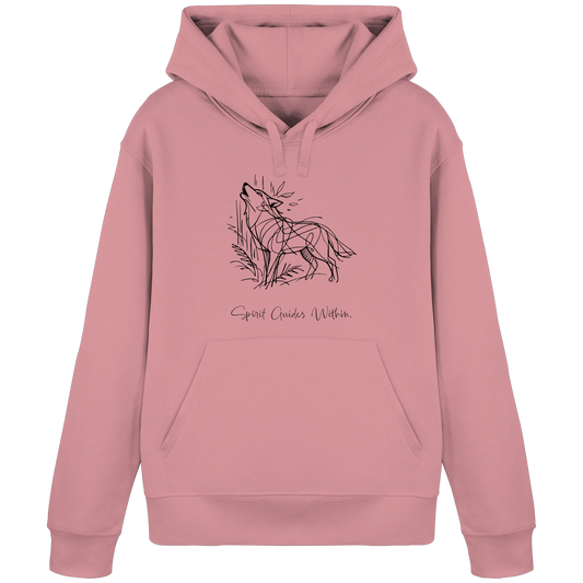 Bio Damen Hoodie in Canyon Pink mit Krafttier Wolf Lineart Motiv