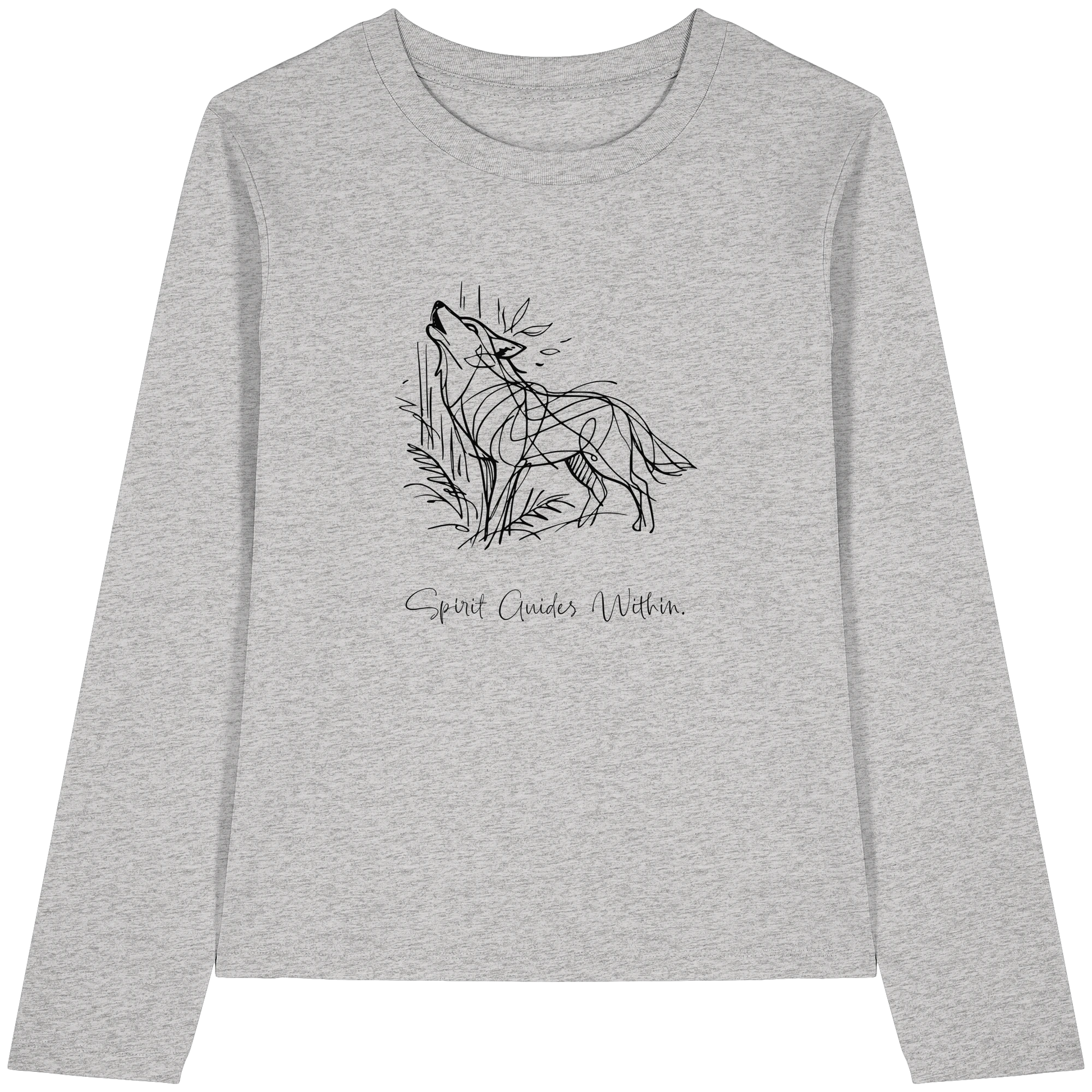 Bio Damen Langarmshirt in Cool Heather Grey mit Krafttier Wolf Lineart Motiv