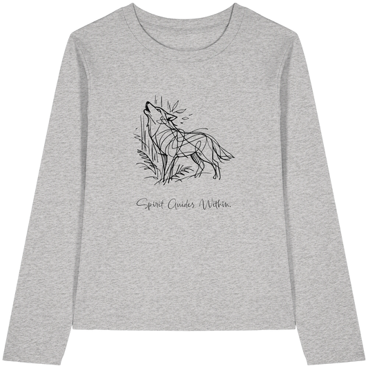 Bio Damen Langarmshirt in Cool Heather Grey mit Krafttier Wolf Lineart Motiv