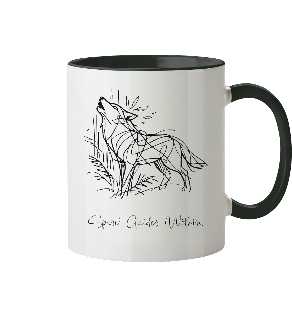  Tasse in Weiß & Schwarz mit Krafttier Wolf Lineart Motiv