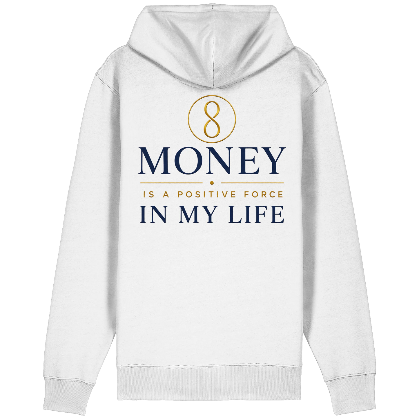 Weißer Zipper mit „Money Force“-Statement-Design für Geldenergie, Fülle und Selbstermächtigung.