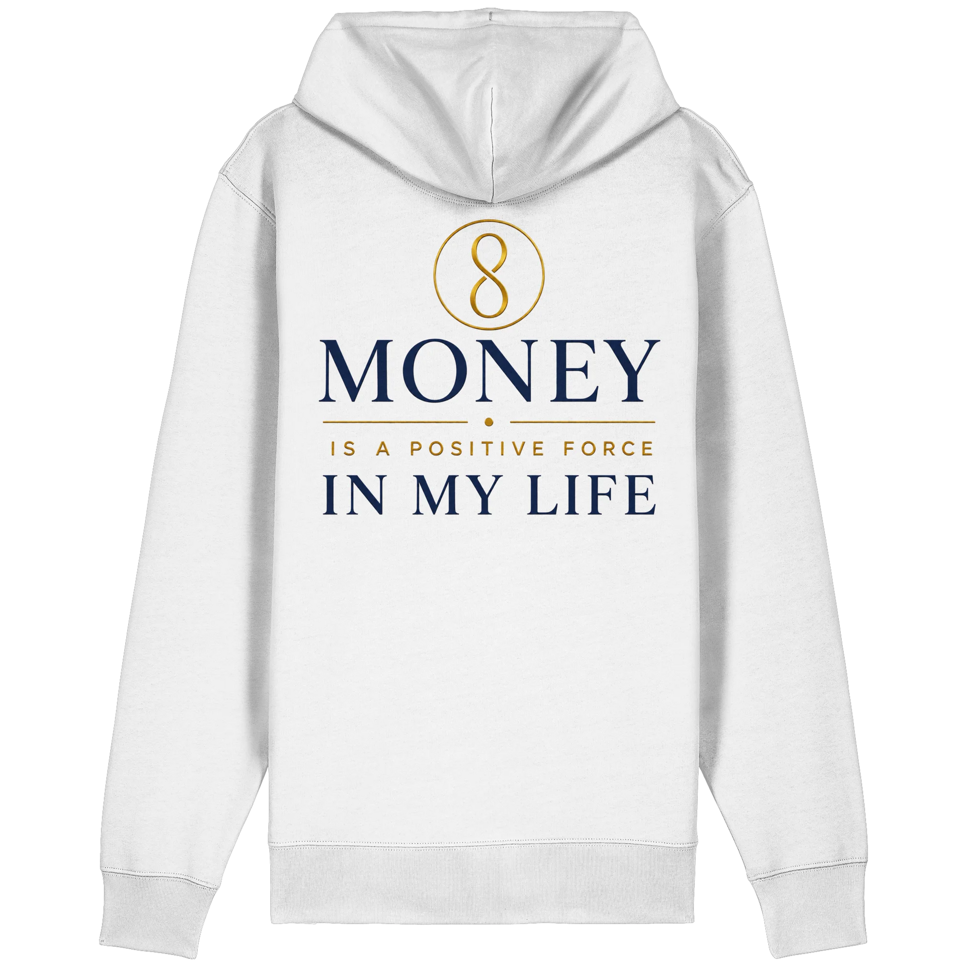 Weißer Zipper mit „Money Force“-Statement-Design für Geldenergie, Fülle und Selbstermächtigung.
