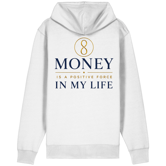Weißer Zipper mit „Money Force“-Statement-Design für Geldenergie, Fülle und Selbstermächtigung.
