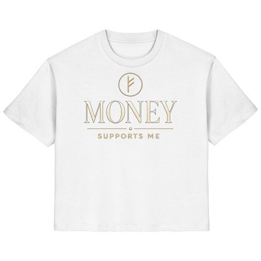 Weißes Shirt mit „Money Supports Me“-Statement-Design für Fülle, Sicherheit und positives Money Mindset.