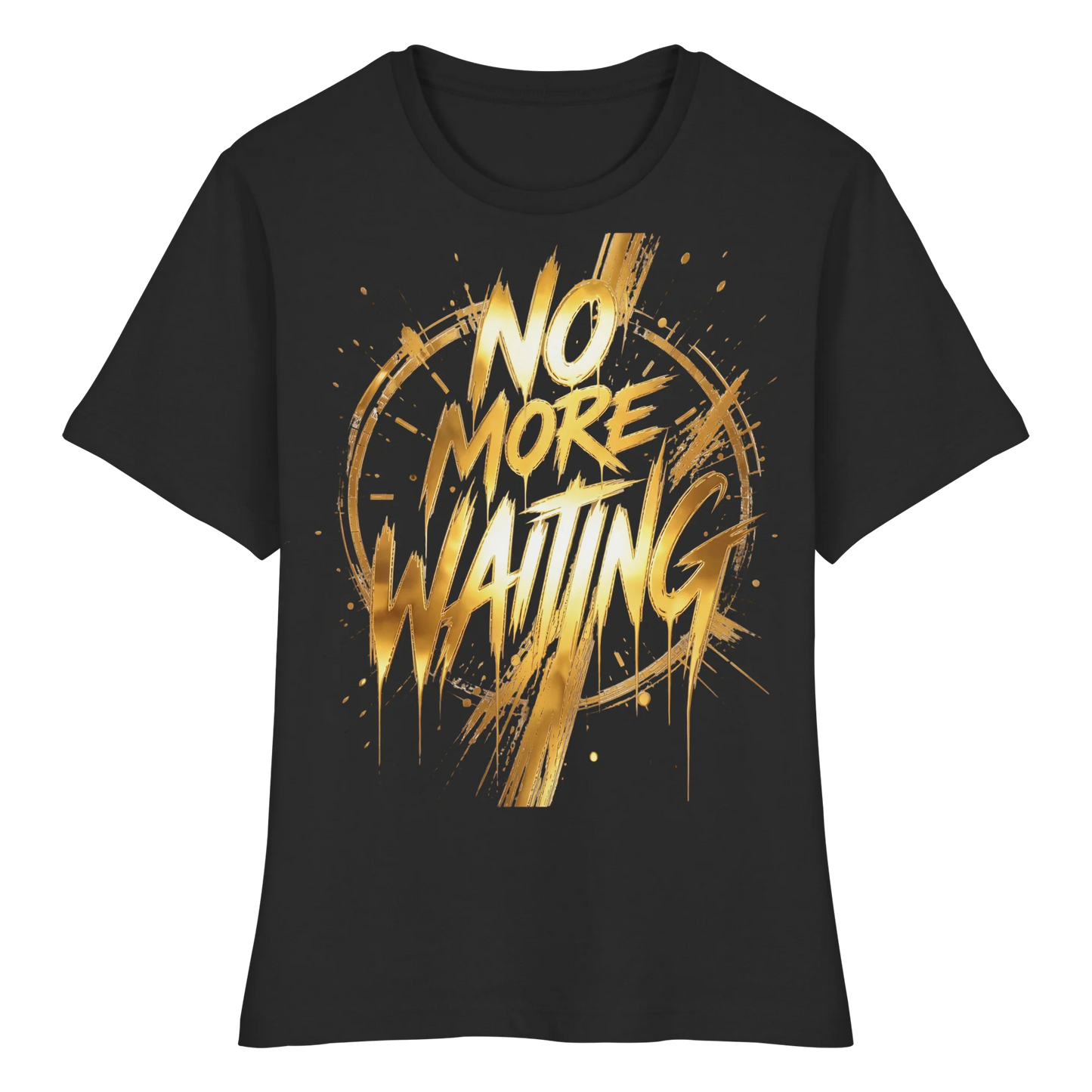 Schwarzes tailliertes Shirt mit goldenem „No More Waiting“-Motiv, offener Kreisform und Brush-Schrift.