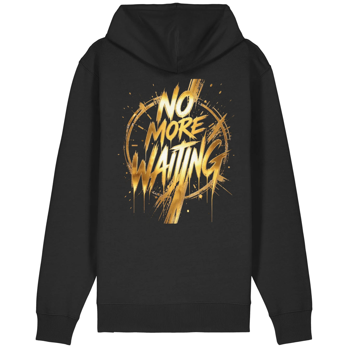 Schwarzer Zipper mit goldenem „No More Waiting“-Motiv, Brush-Schrift und offenem Ring.