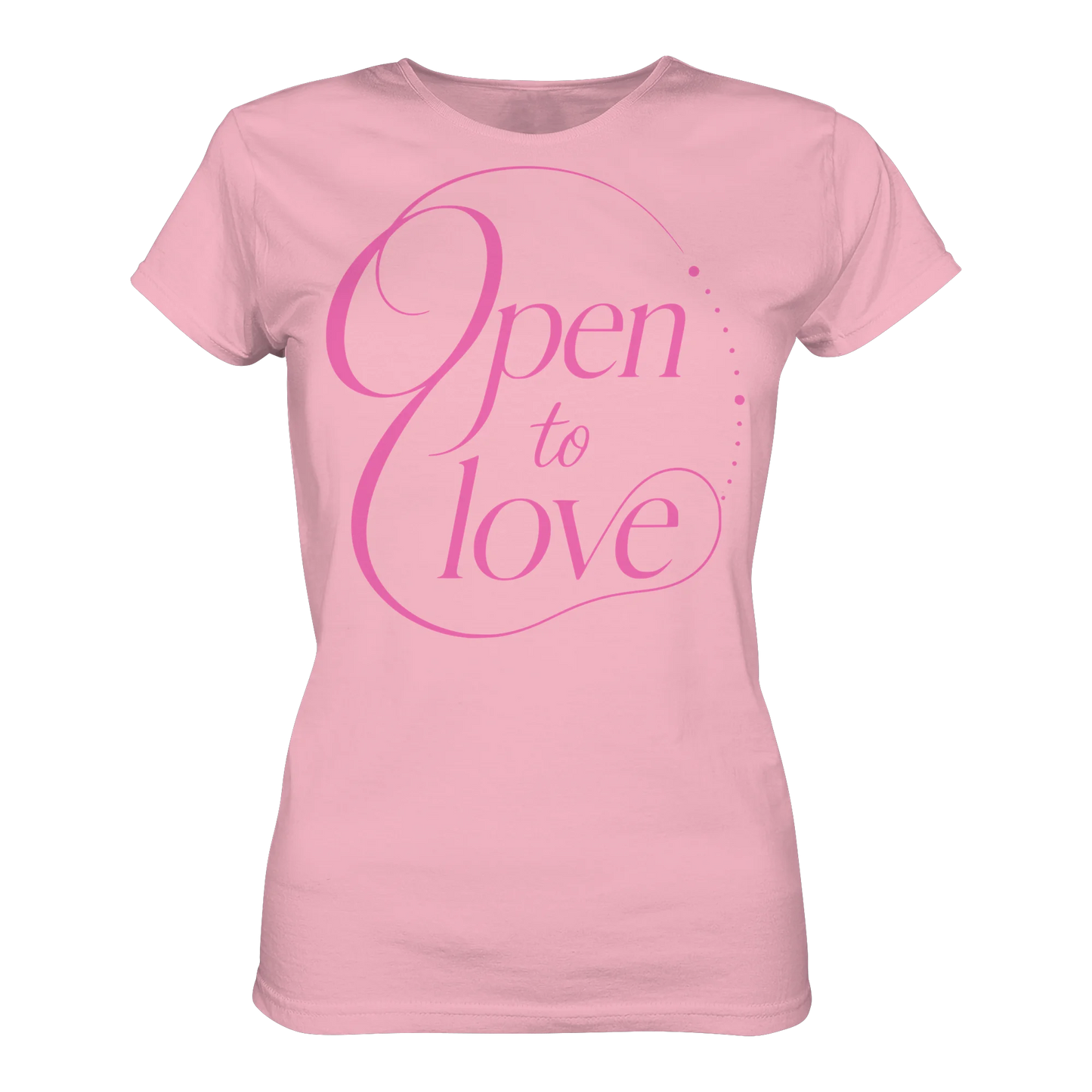 Rosa Shirt mit „Open to Love“-Statement-Design in weicher, liebevoller Typografie.