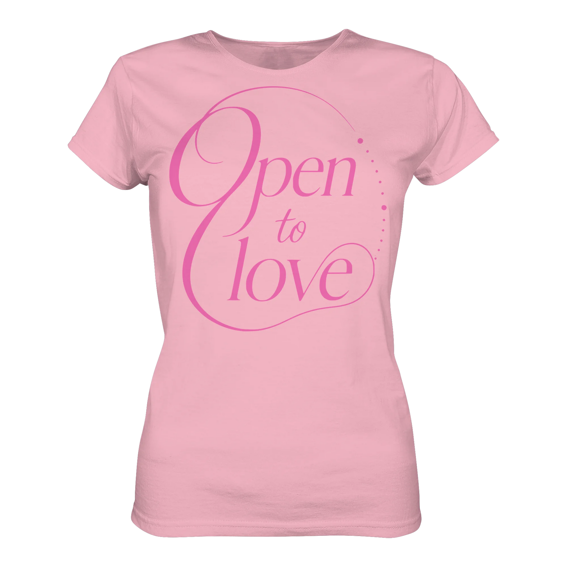 Rosa Shirt mit „Open to Love“-Statement-Design in weicher, liebevoller Typografie.