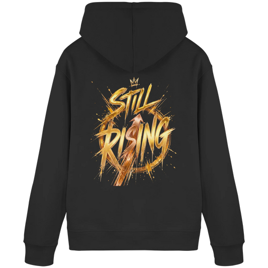 Schwarzer Hoodie mit goldenem „Still Rising“-Rückenmotiv, Krone und dynamischen Linien.