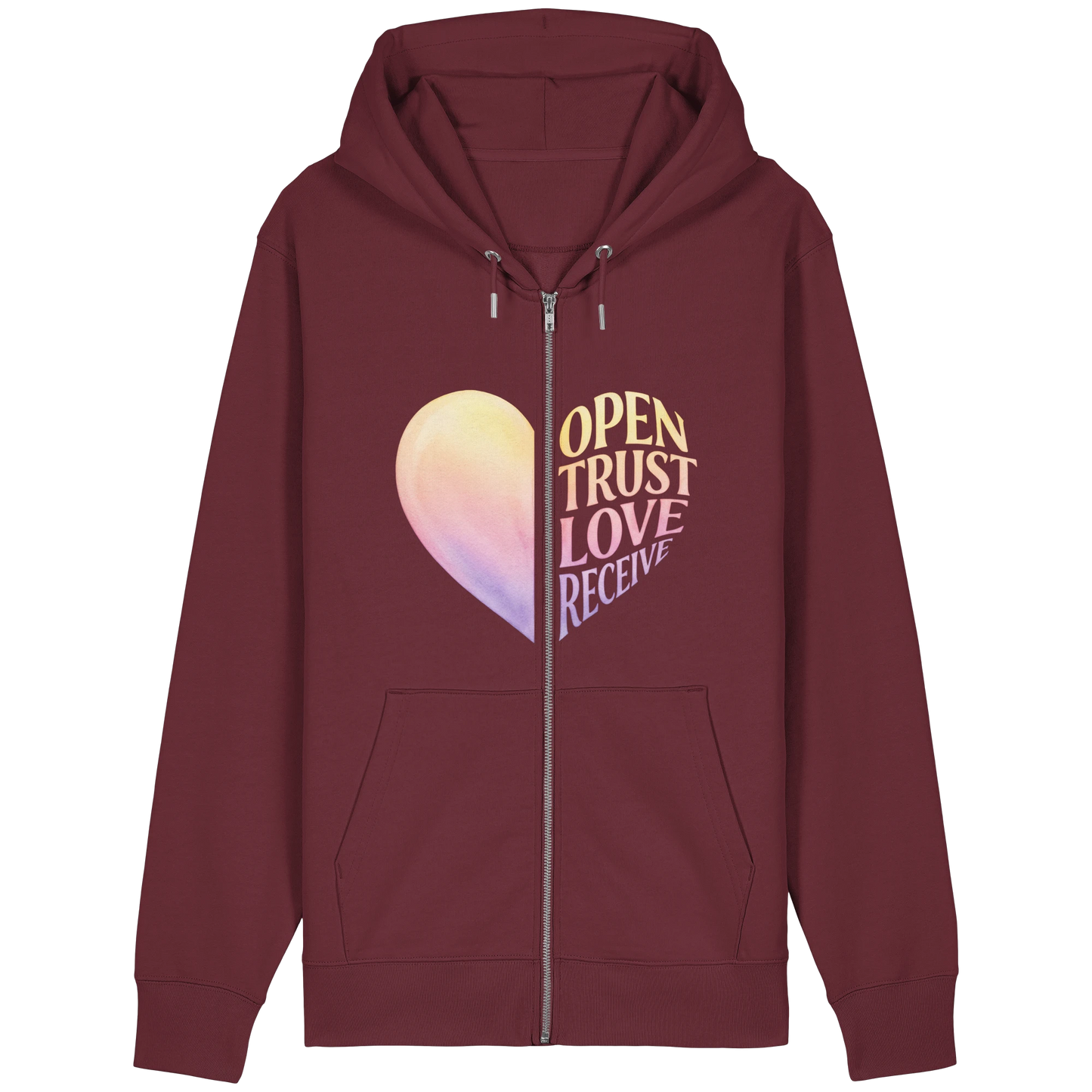 Bio Damen Produkt in Burgundy mit Open Yourself to Love Design
