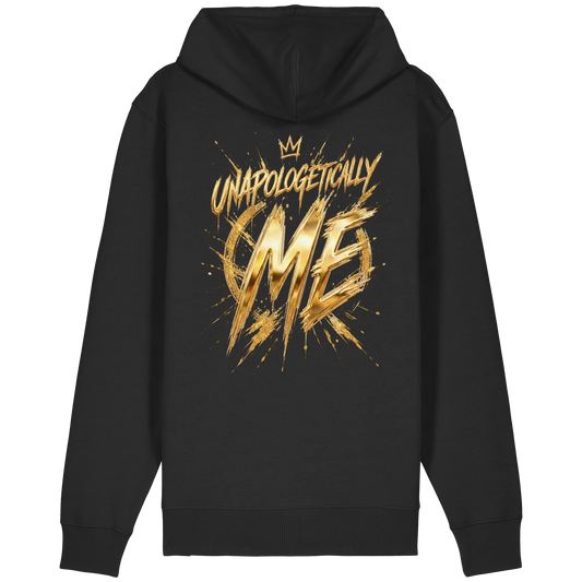 Schwarzer Zipper mit goldenem „Unapologetically Me“-Motiv, Krone und dynamischer Brush-Schrift.