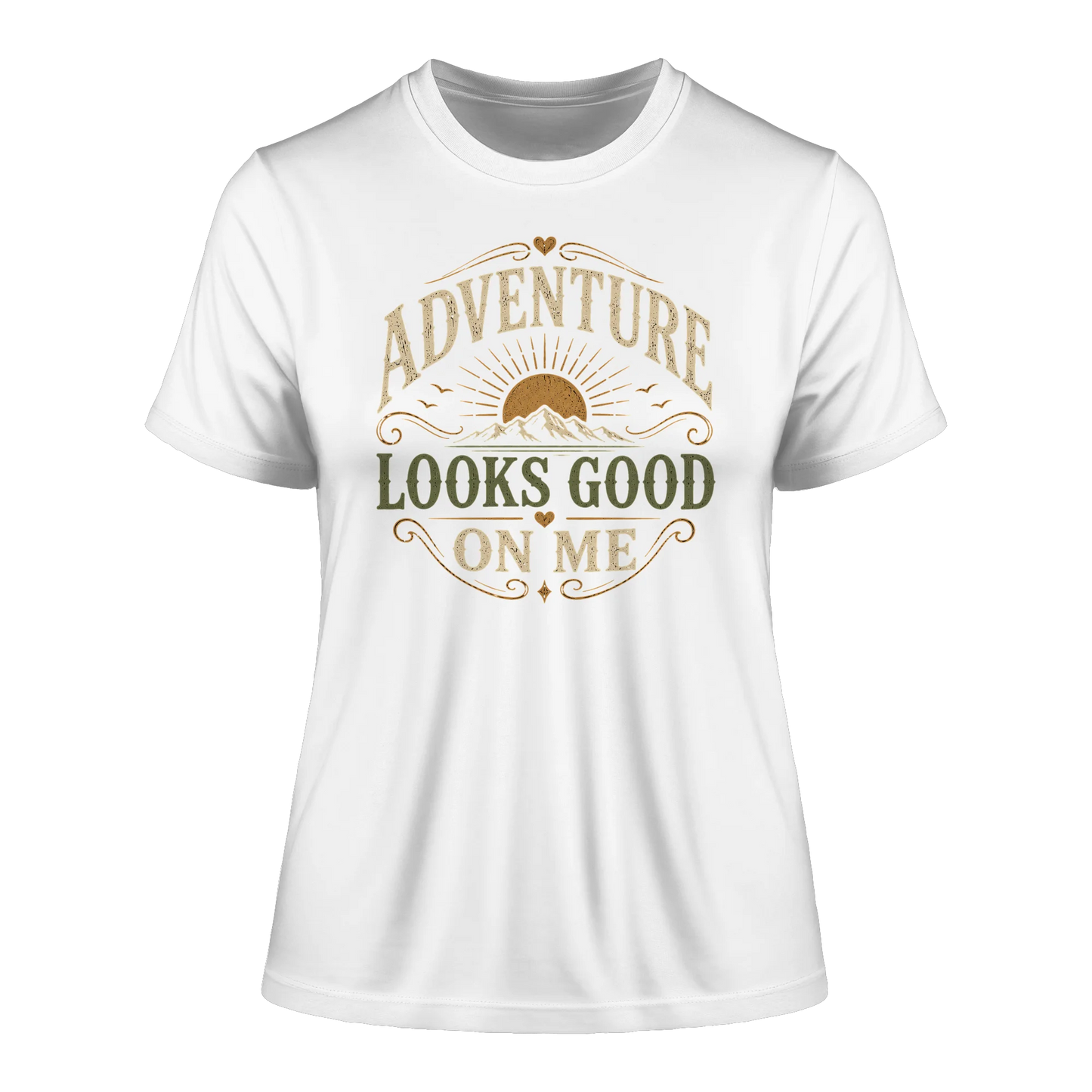 Weißes tailliertes Shirt mit Vintage-Adventure-Design für Abenteuerlust, Freiheit und innere Weite.