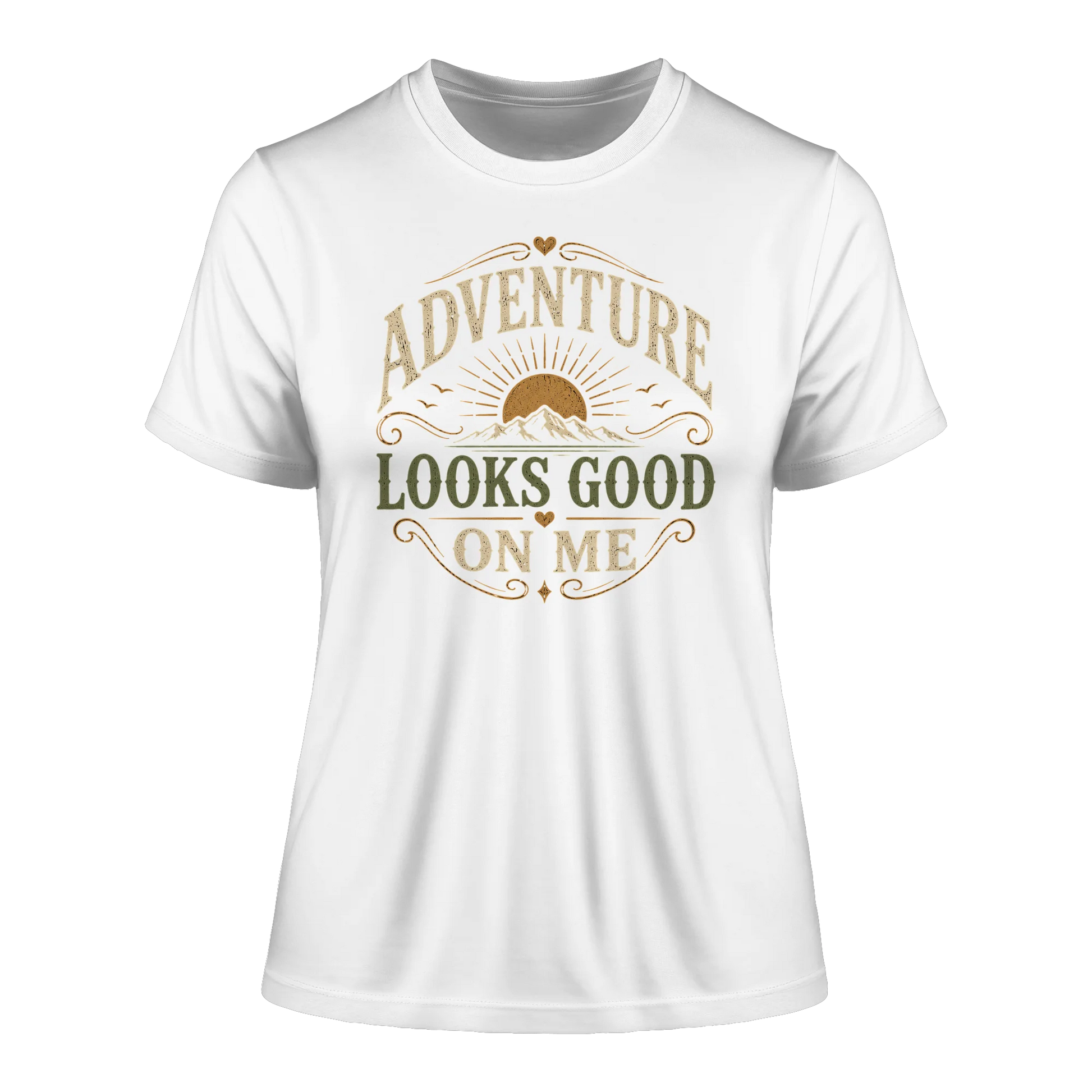 Weißes tailliertes Shirt mit Vintage-Adventure-Design für Abenteuerlust, Freiheit und innere Weite.