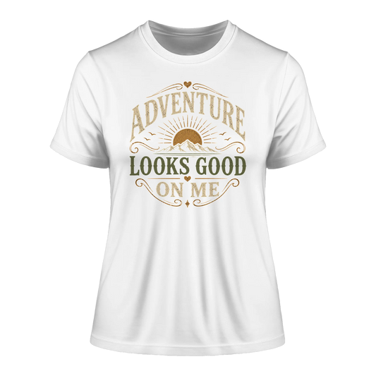 Weißes tailliertes Shirt mit Vintage-Adventure-Design für Abenteuerlust, Freiheit und innere Weite.