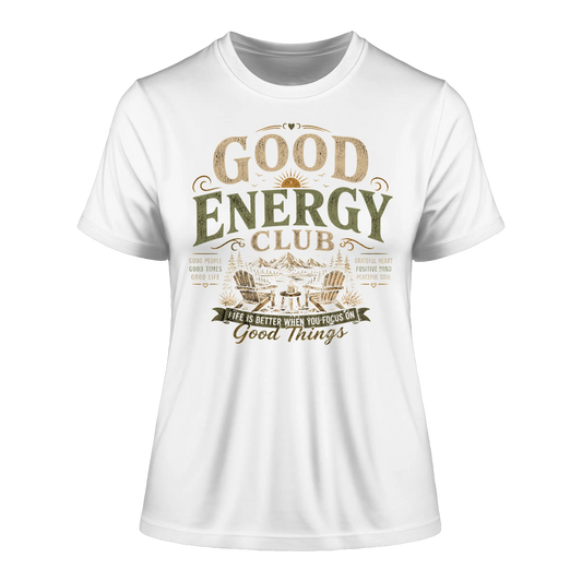 Weißes tailliertes Shirt mit „Good Energy Club“-Vintage-Design für Lebensfreude und positive Energie.