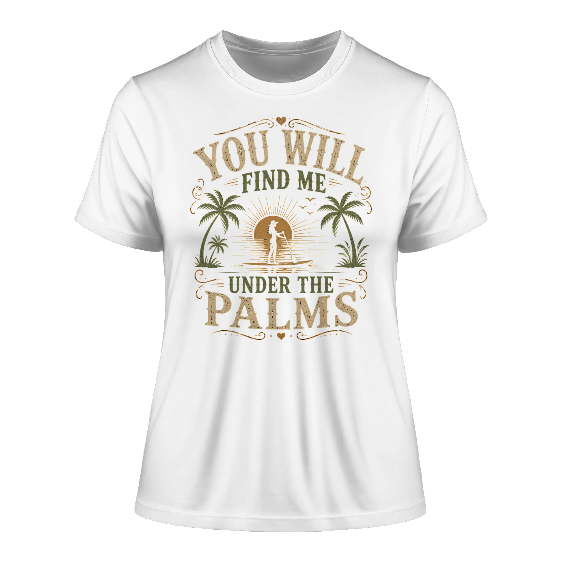 Weißes tailliertes Shirt mit Vintage-Palms-Design, Palmenmotiv und sommerlichem Freiheitsgefühl.